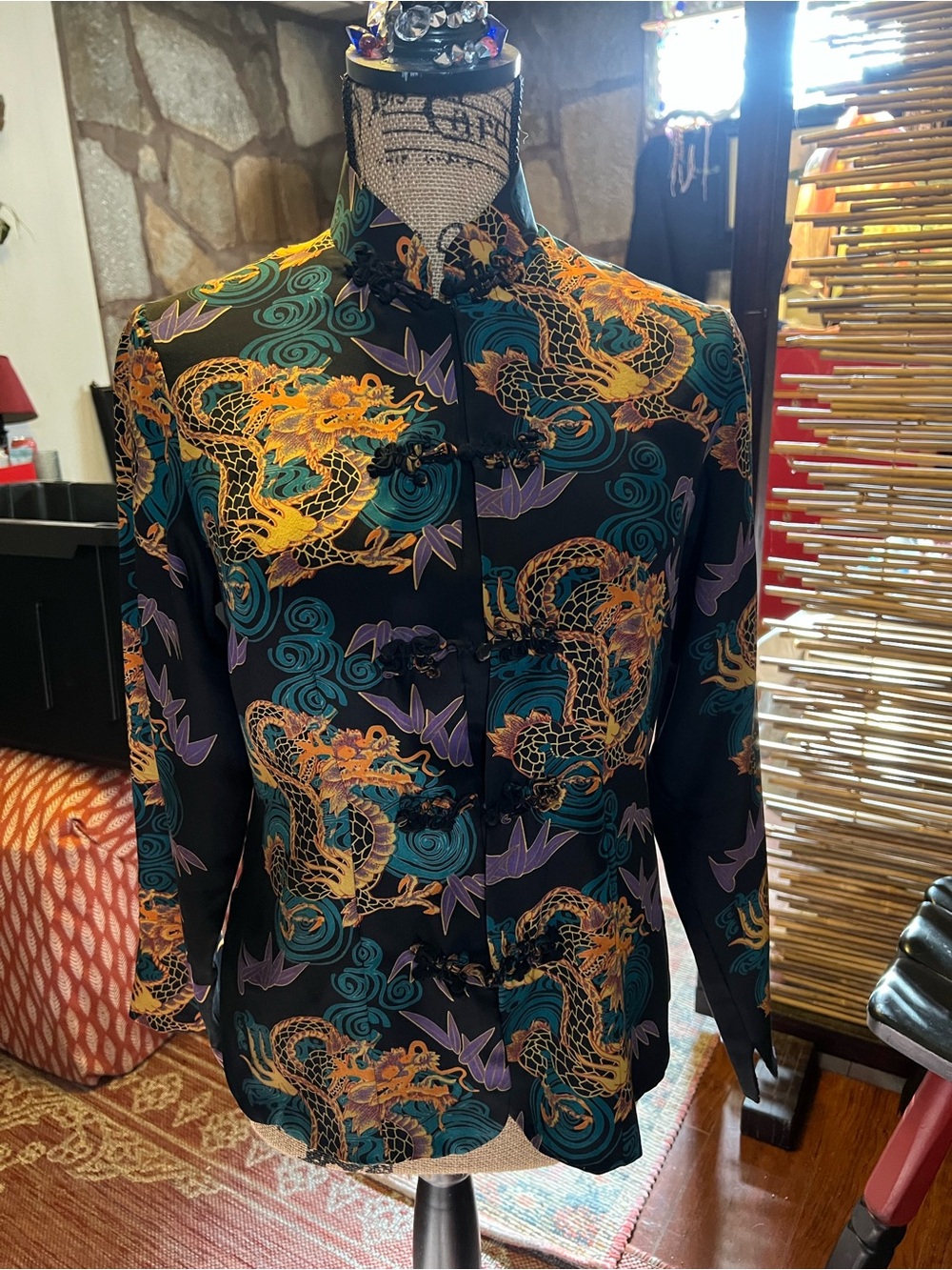 Avanti Black Mandarin Collar Dragon-Print Button Down